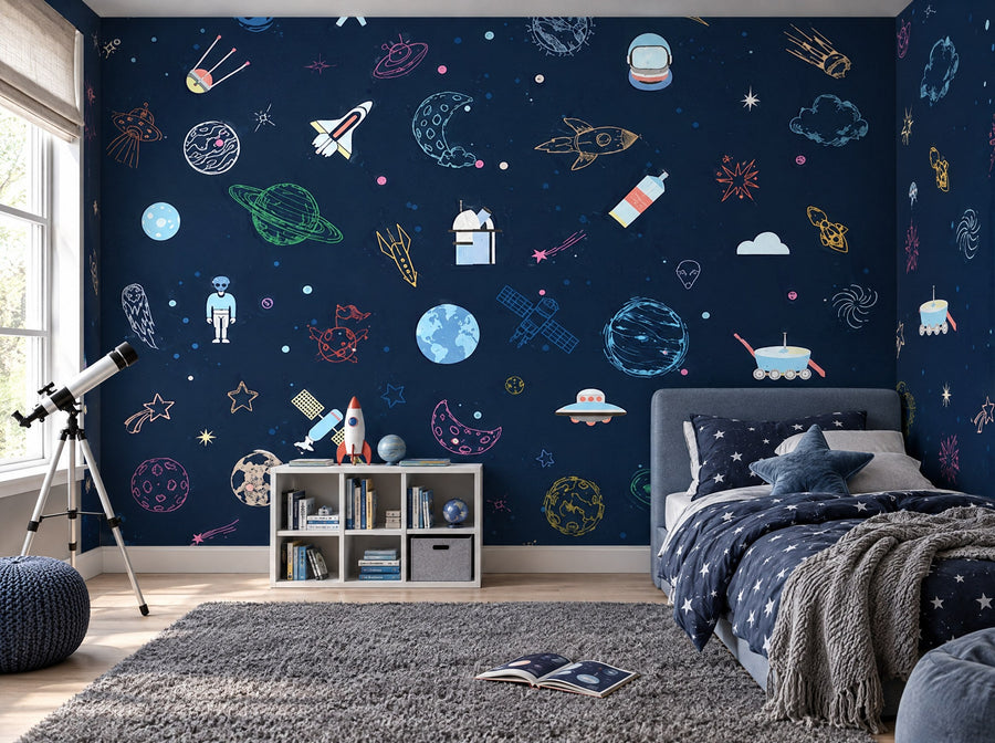 Papier peint fusées bleu nuit posé dans une chambre d'enfant