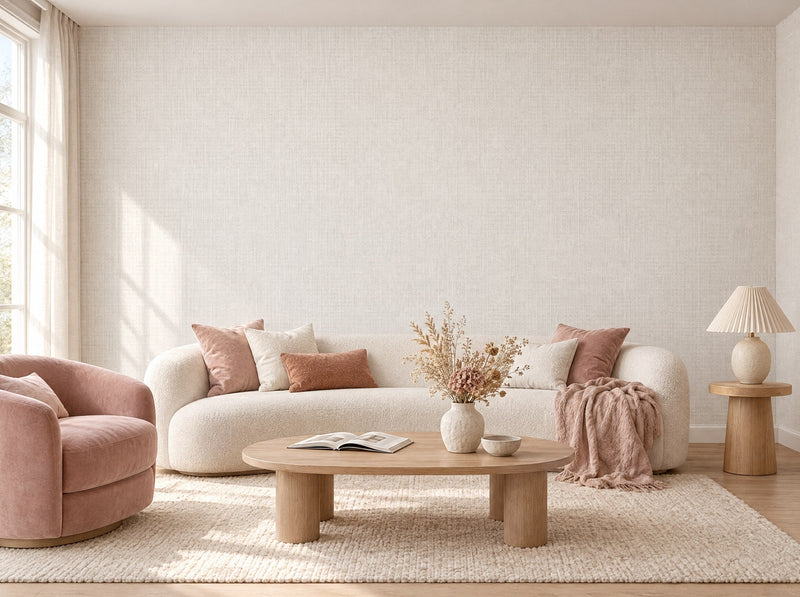 Papier peint grain crème posé dans un salon