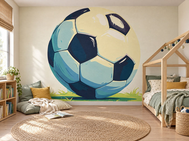 Papier peint grand ballon de foot posé dans une chambre d'enfant