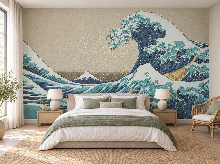 Papier peint grande vague sur lin posé dans une chambre