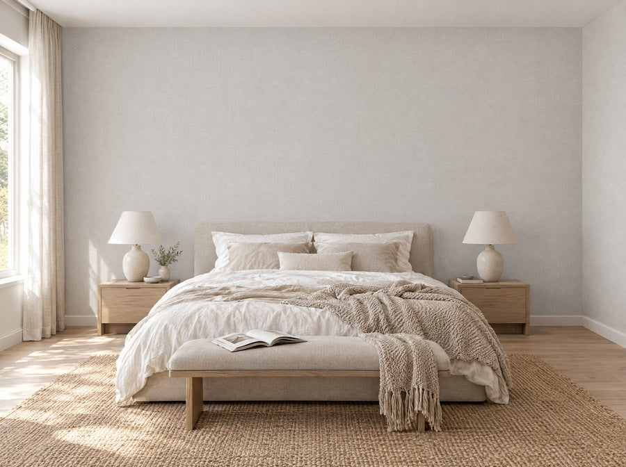 Papier peint gris lin posé dans une chambre