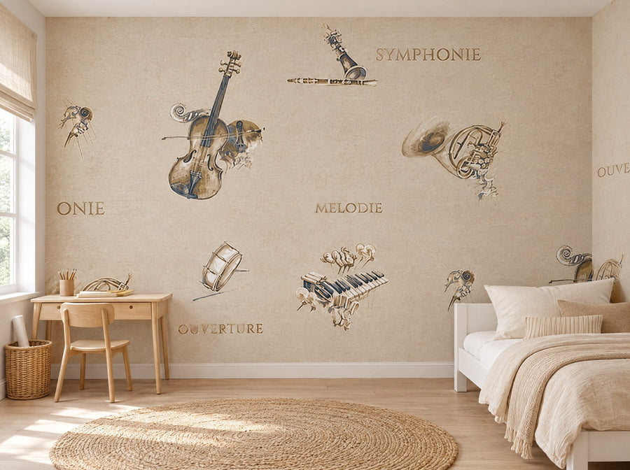 Papier peint guitare et partitions posé dans une chambre d'enfant
