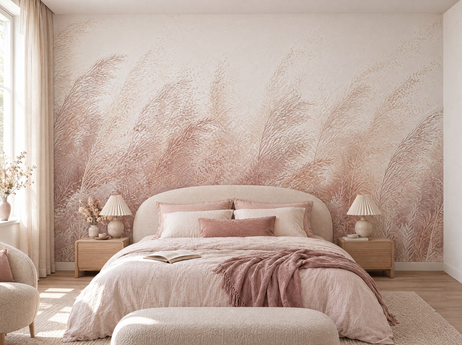 Papier peint herbes rosées posé dans une chambre