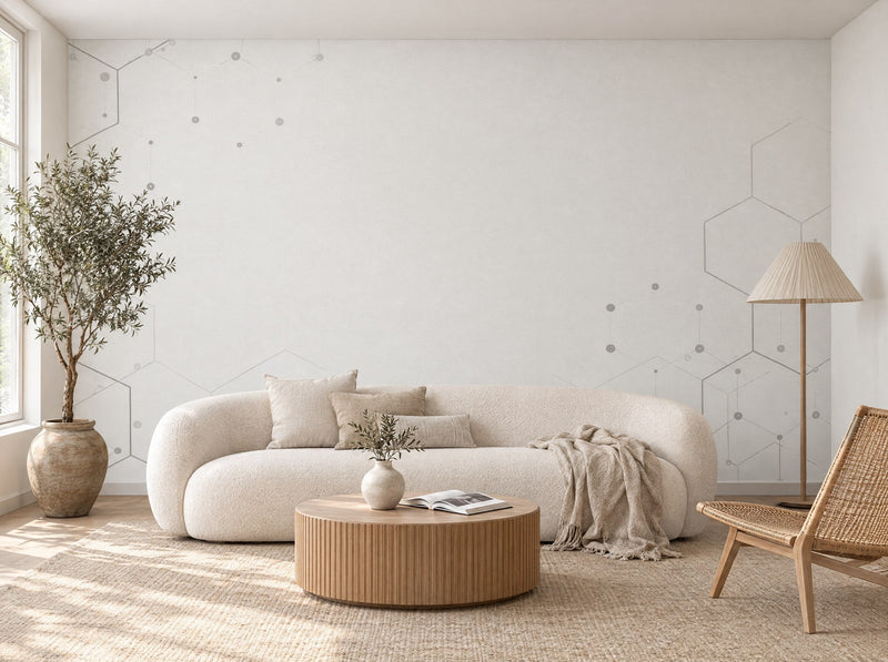Papier peint hexagones blancs posé dans un salon