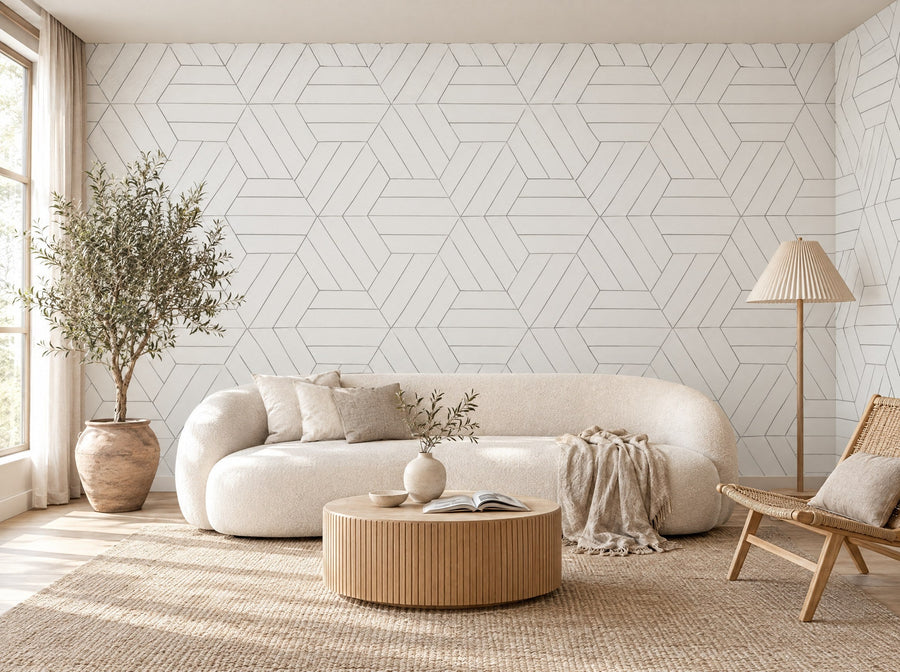 Papier peint hexagones ton sur ton posé dans un salon