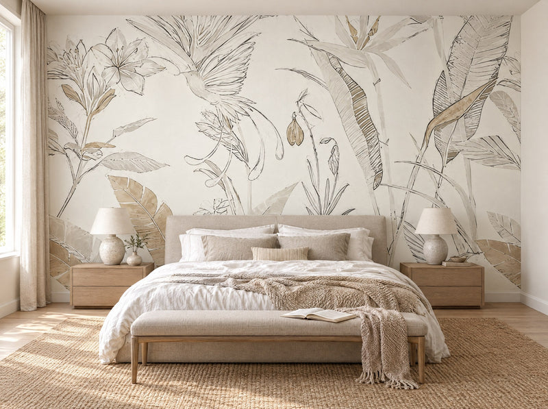 Papier peint jardin d'herbes pâles posé dans une chambre