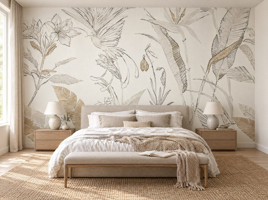 Papier peint jardin d'herbes pâles posé dans une chambre