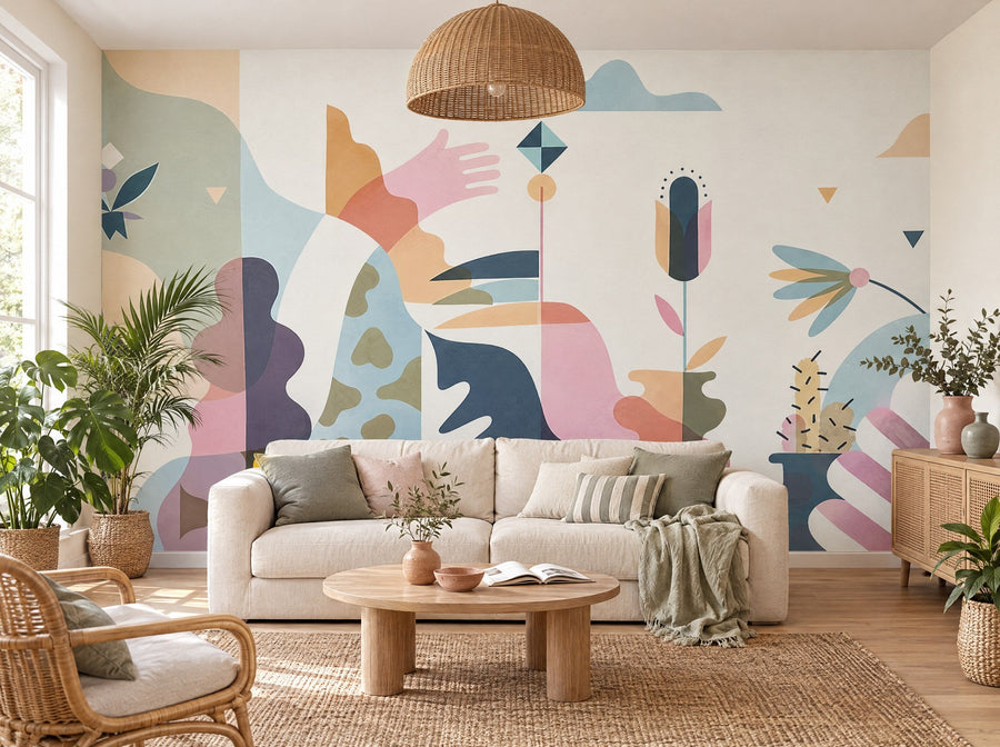 Papier peint jardin graphique posé dans un salon