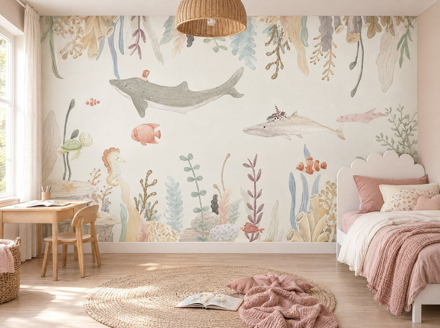 Papier peint jardin sous-marin posé dans une chambre d'enfant
