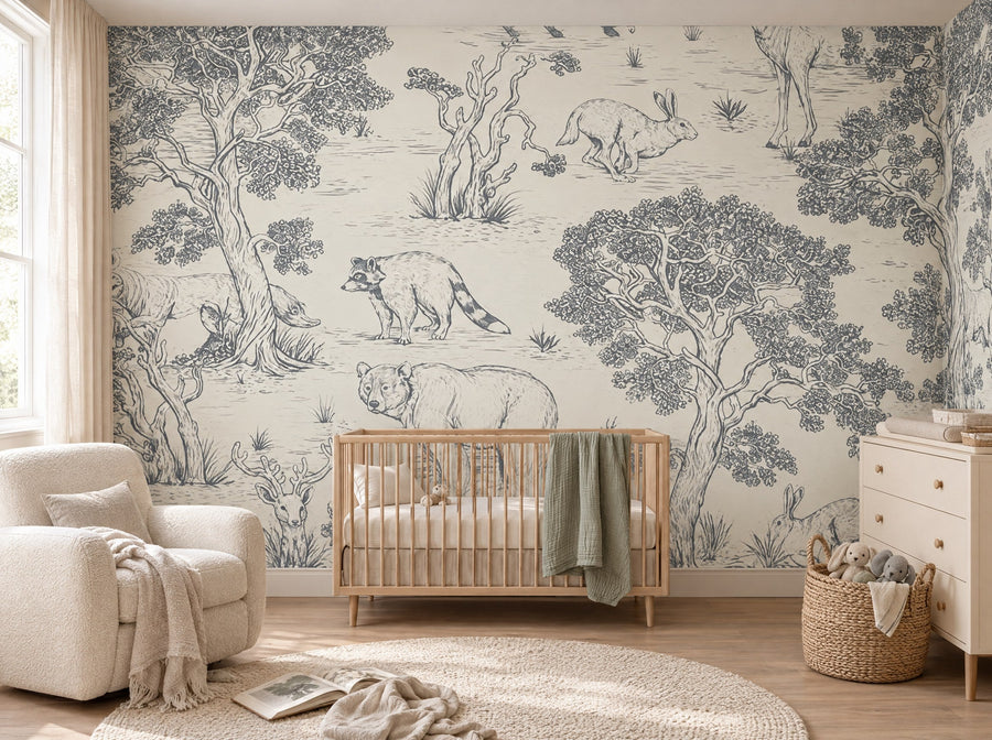 Papier peint jungle bleu gris posé dans une chambre de bébé