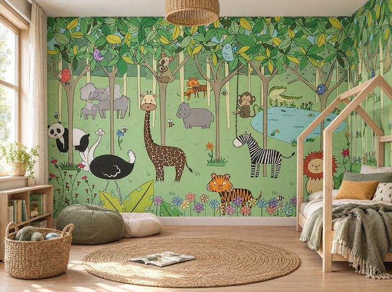 Papier peint jungle des animaux posé dans une chambre d'enfant