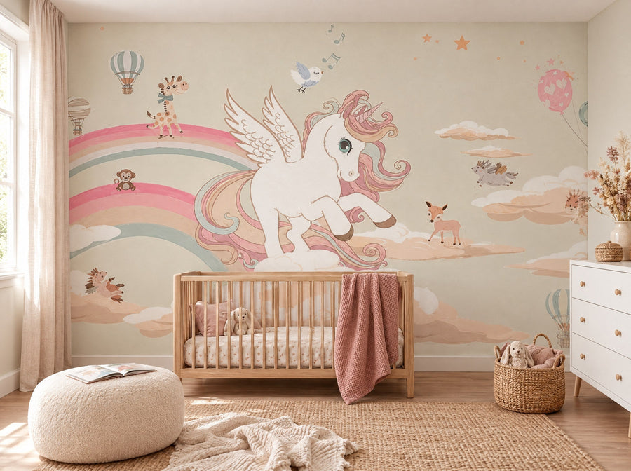Papier peint licorne ailée posé dans une chambre de bébé