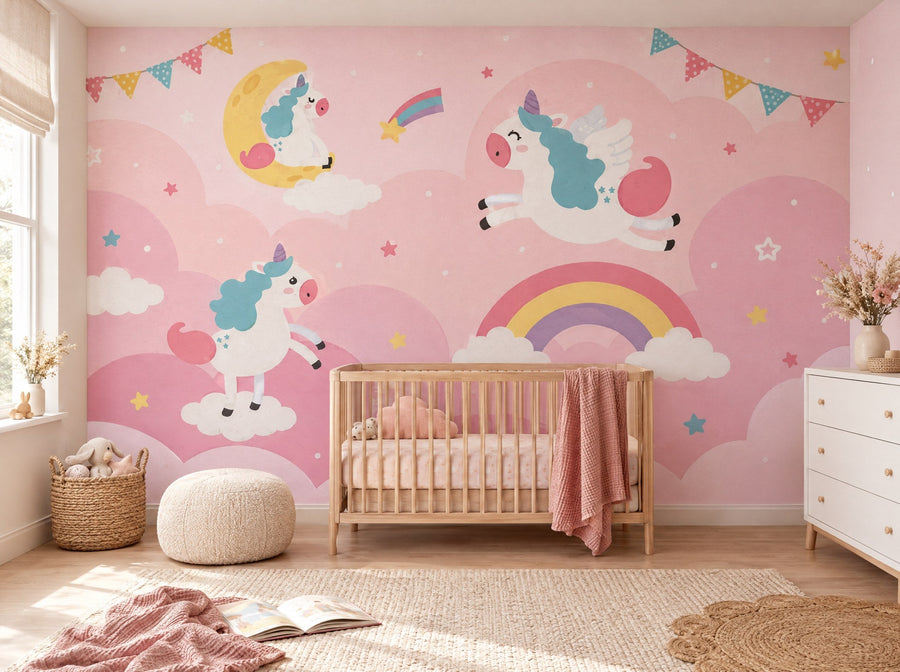 Papier peint licornes arc-en-ciel posé dans une chambre de bébé