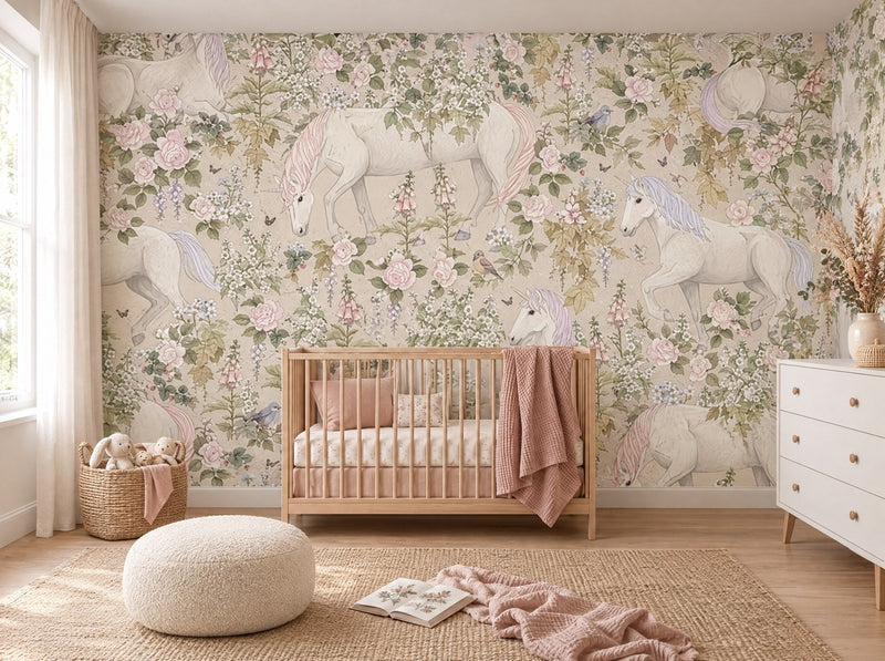 Papier peint licornes dans les fleurs posé dans une chambre de bébé
