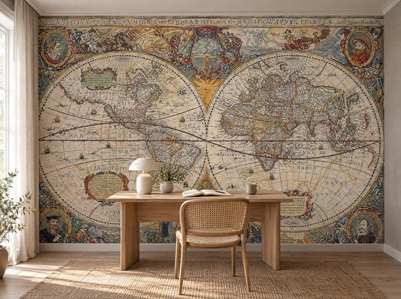 Papier peint mappemonde ancienne posé dans un bureau