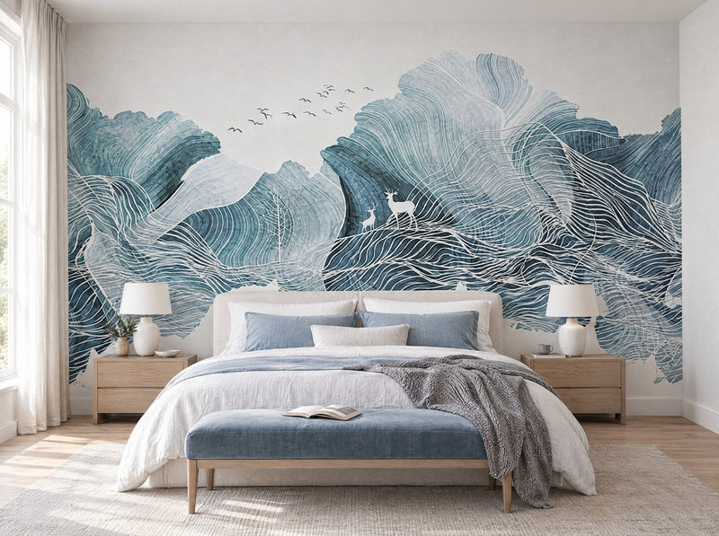 Papier peint montagnes bleu glacier posé dans une chambre
