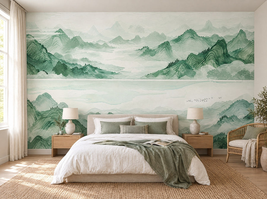 Papier peint montagnes émeraude posé dans une chambre