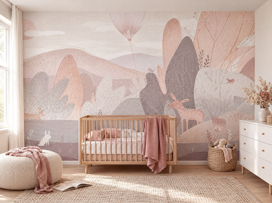 Papier peint montagnes et animaux sépia posé dans une chambre de bébé