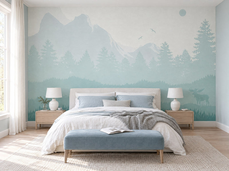 Papier peint montagnes vert d'eau posé dans une chambre