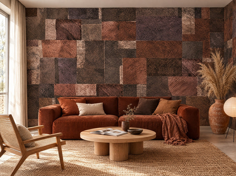 Papier peint mosaïque brune posé dans un salon