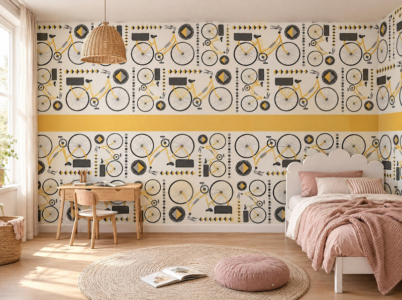 Papier peint motif vélos posé dans une chambre d'enfant