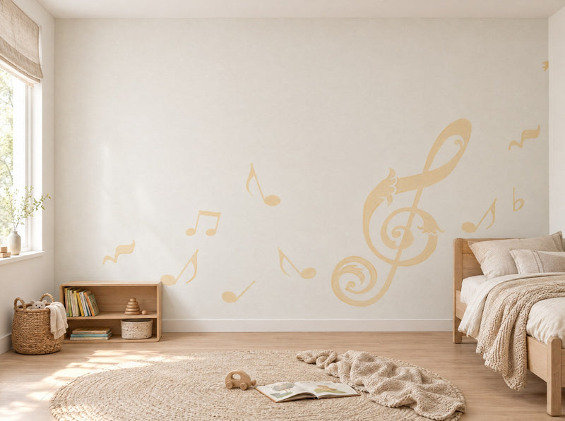 Papier peint notes dorées posé dans une chambre d'enfant