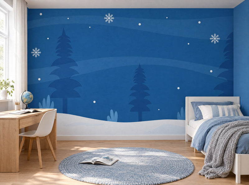 Papier peint nuit de neige posé dans une chambre d'enfant
