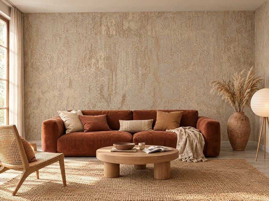 Papier peint ocre patiné posé dans un salon