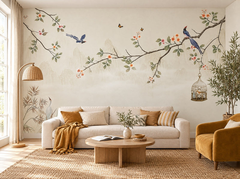 Papier peint oiseaux et cage posé dans un salon