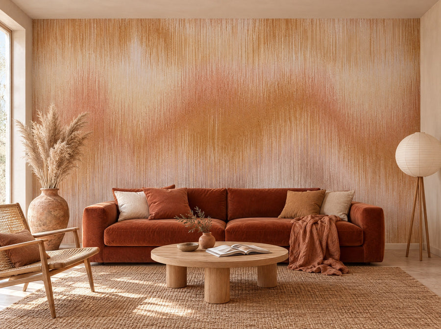 Papier peint ondes ocre posé dans un salon