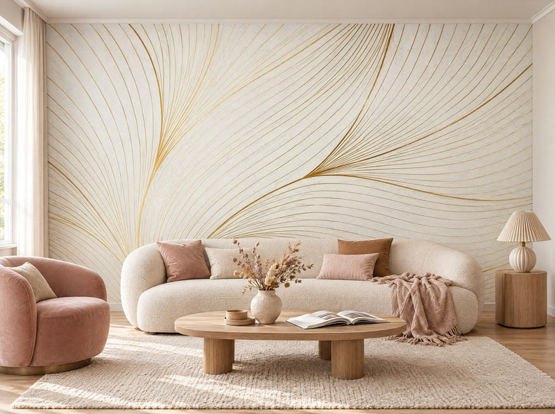 Papier peint palmes art déco dorées posé dans un salon
