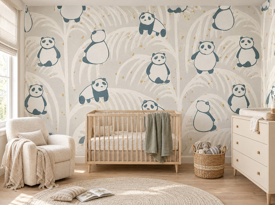 Papier peint pandas et bambous posé dans une chambre de bébé