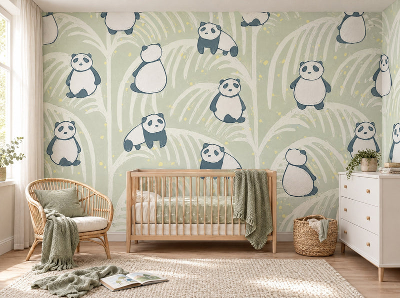 Papier peint pandas vert d'eau posé dans une chambre de bébé