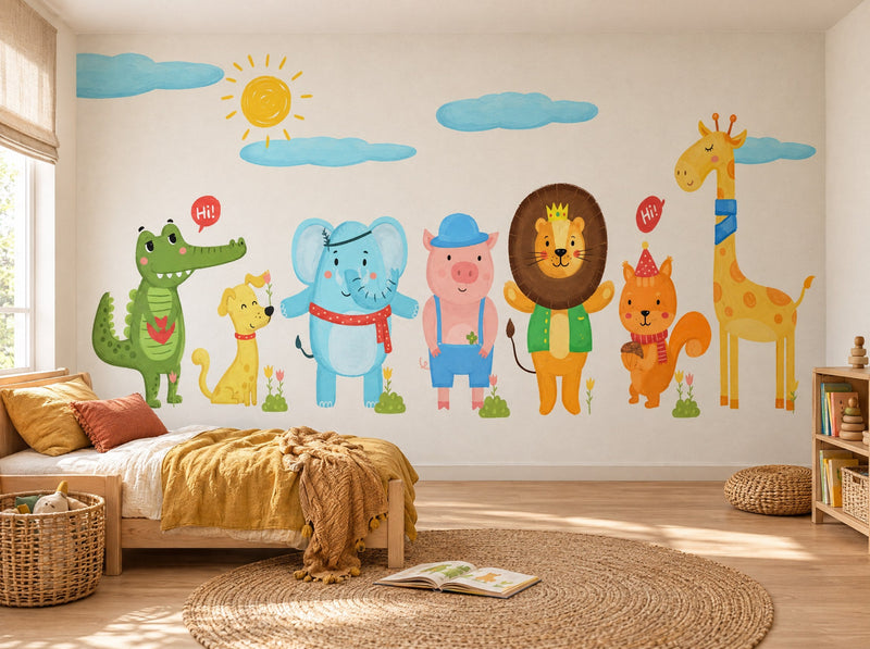 Papier peint parade de la savane posé dans une chambre d'enfant