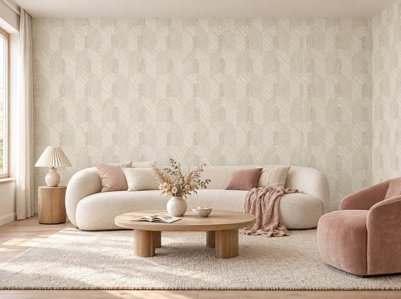 Papier peint parquet crème posé dans un salon