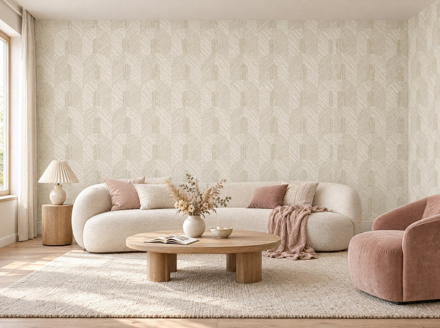Papier peint parquet crème posé dans un salon