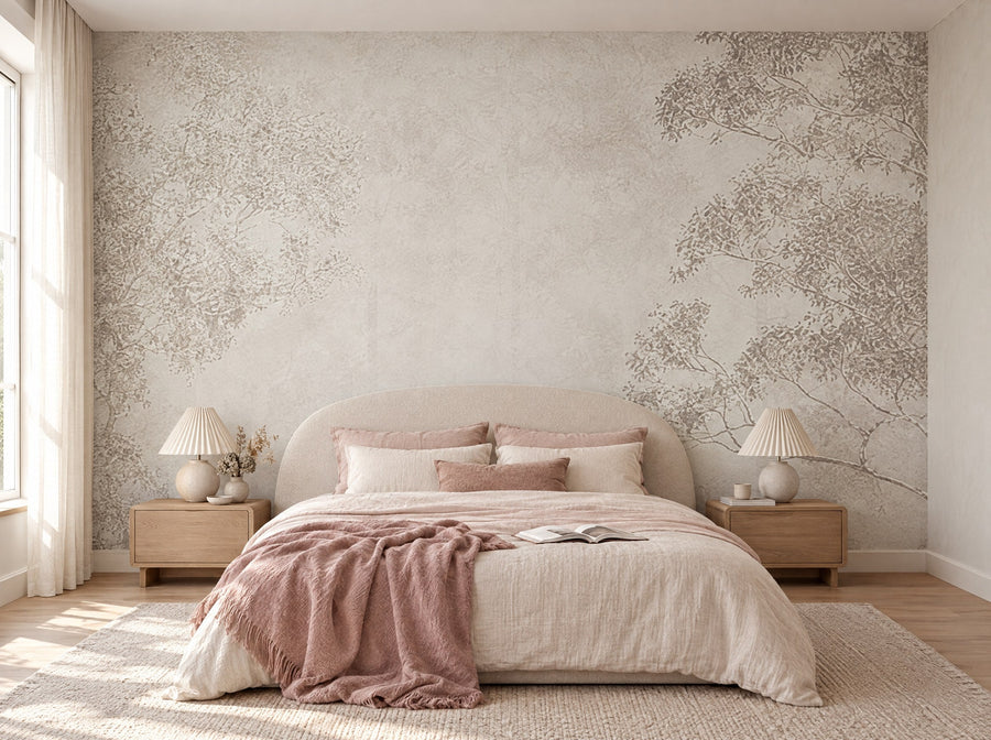 Papier peint paysage brumeux posé dans une chambre