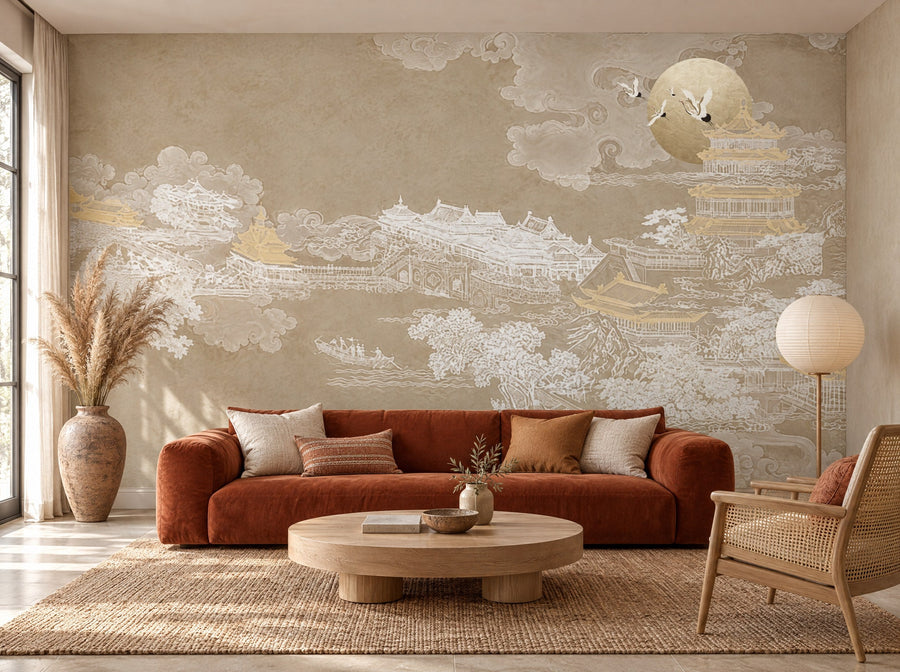 Papier peint paysage doré posé dans un salon