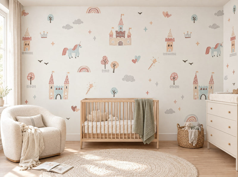 Papier peint petits châteaux et licornes posé dans une chambre de bébé