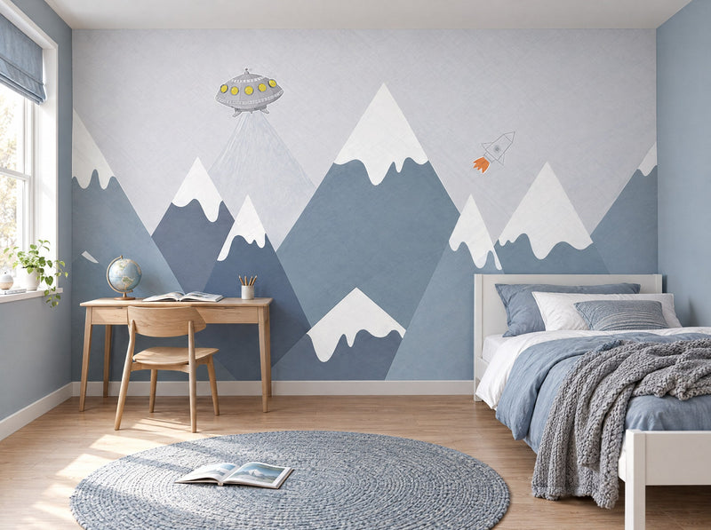 Papier peint pistes enneigées posé dans une chambre d'enfant
