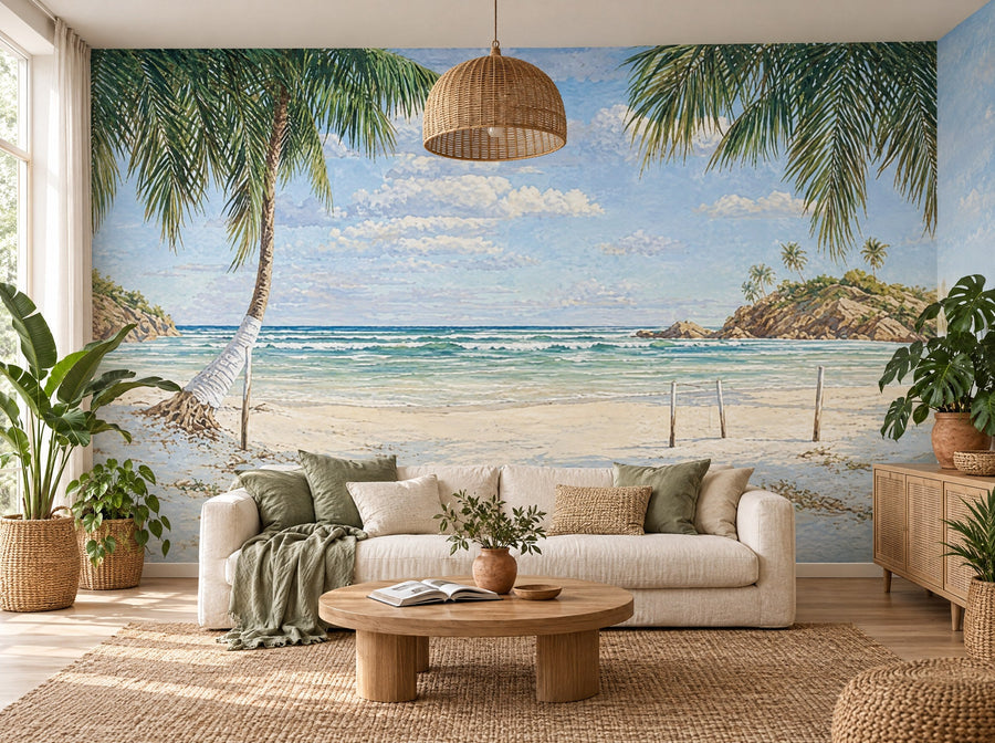 Papier peint plage aux palmiers posé dans un salon