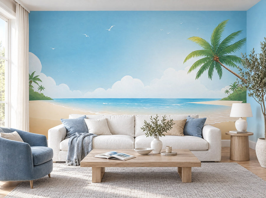 Papier peint plage de sable blanc posé dans un salon