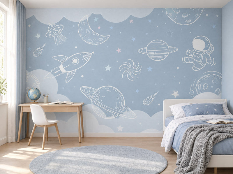 Papier peint planètes et nuages bleus posé dans une chambre d'enfant