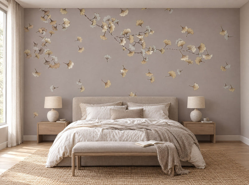 Papier peint pluie de ginkgo posé dans une chambre