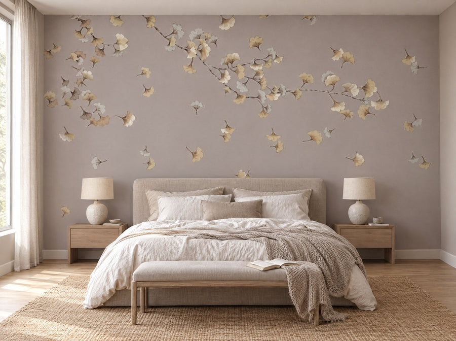 Papier peint pluie de ginkgo posé dans une chambre