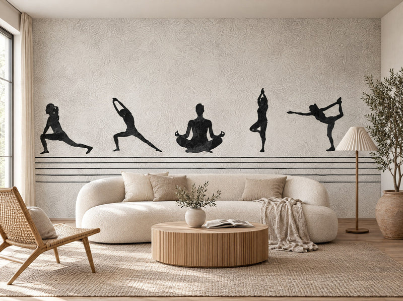 Papier peint postures de yoga posé dans un salon