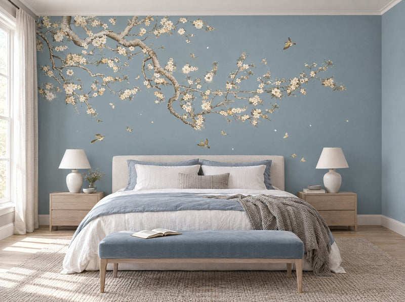 Papier peint printemps bleu ciel posé dans une chambre