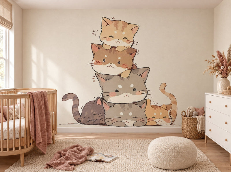 Papier peint pyramide de chats posé dans une chambre de bébé