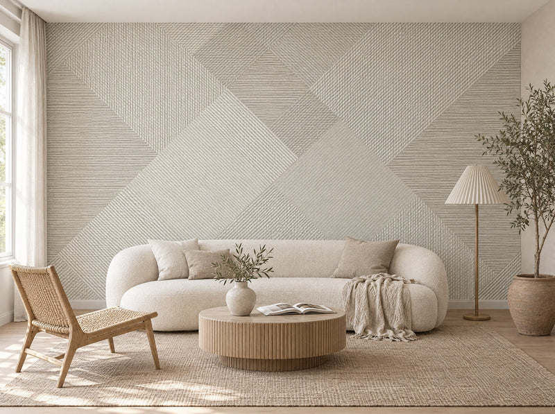 Papier peint relief géométrique beige posé dans un salon