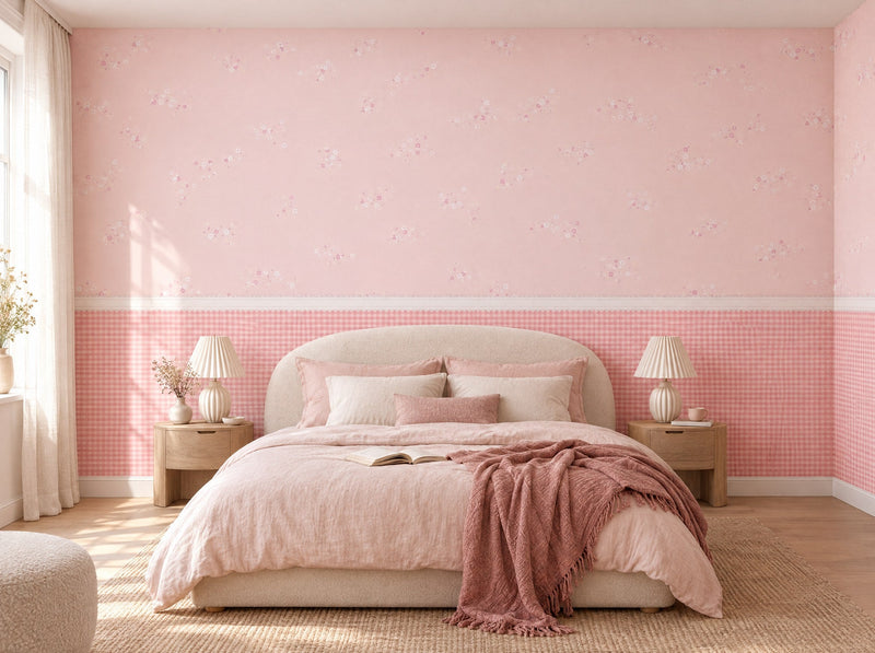 Papier peint rose et vichy posé dans une chambre